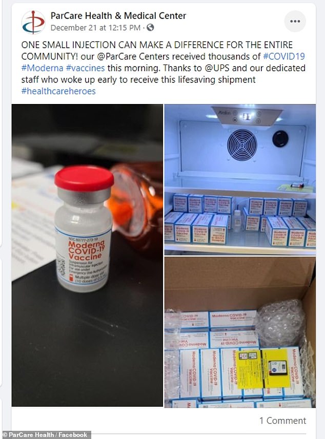 On December 21, Parker posted a photo of the Moderna vaccine shipment