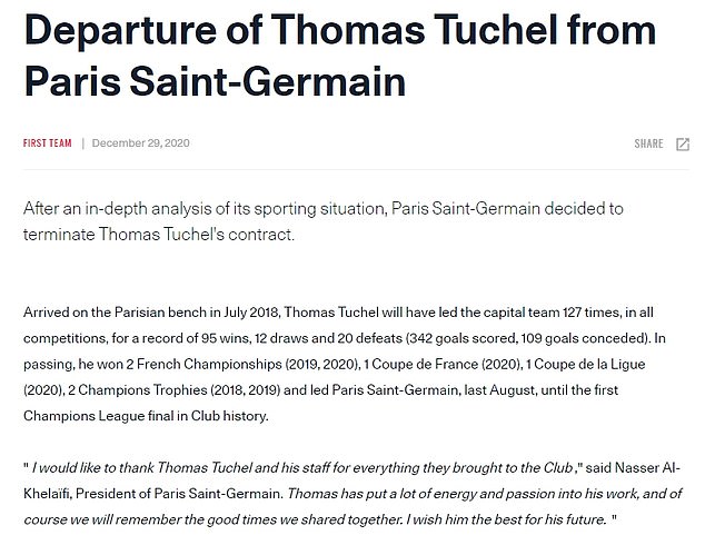 A statement from Paris Saint-Germain on Tuesday said Tochel was removed after 'in-depth analysis'