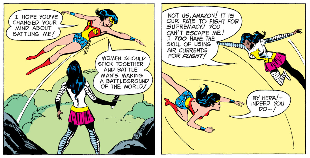 Wonder Woman and Nubia fly in the air around each other in Wonder Woman # 206, DC Comics (1973). 