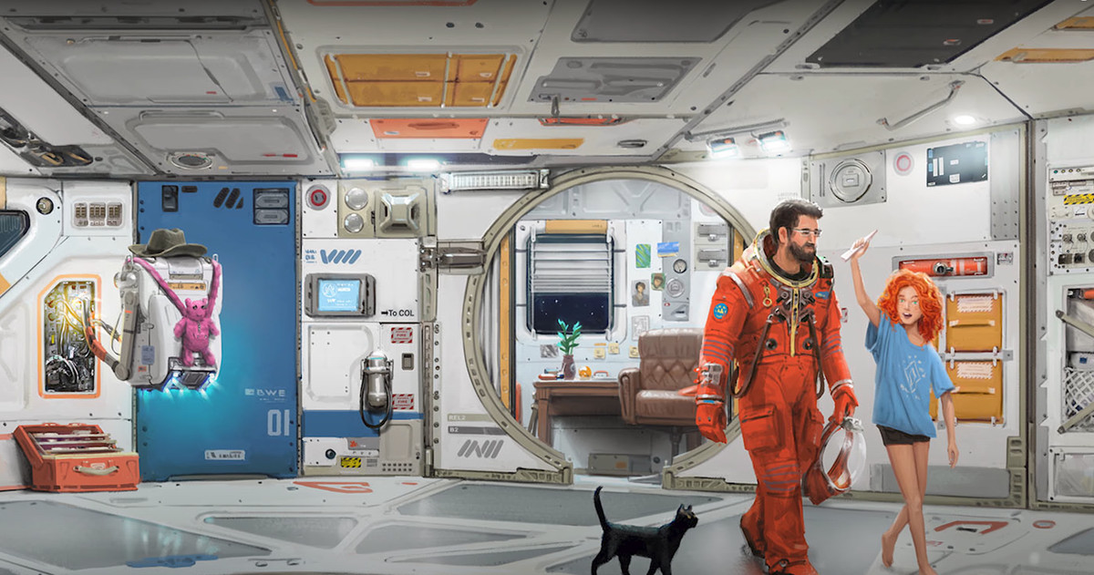 Starfield is een kattenconceptkunst op een ruimtestation 