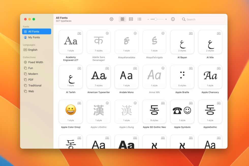 Font Book verandert in een betegelde gebruikersinterface in Ventura, met een snelle visuele preview van meerdere lettertypen.