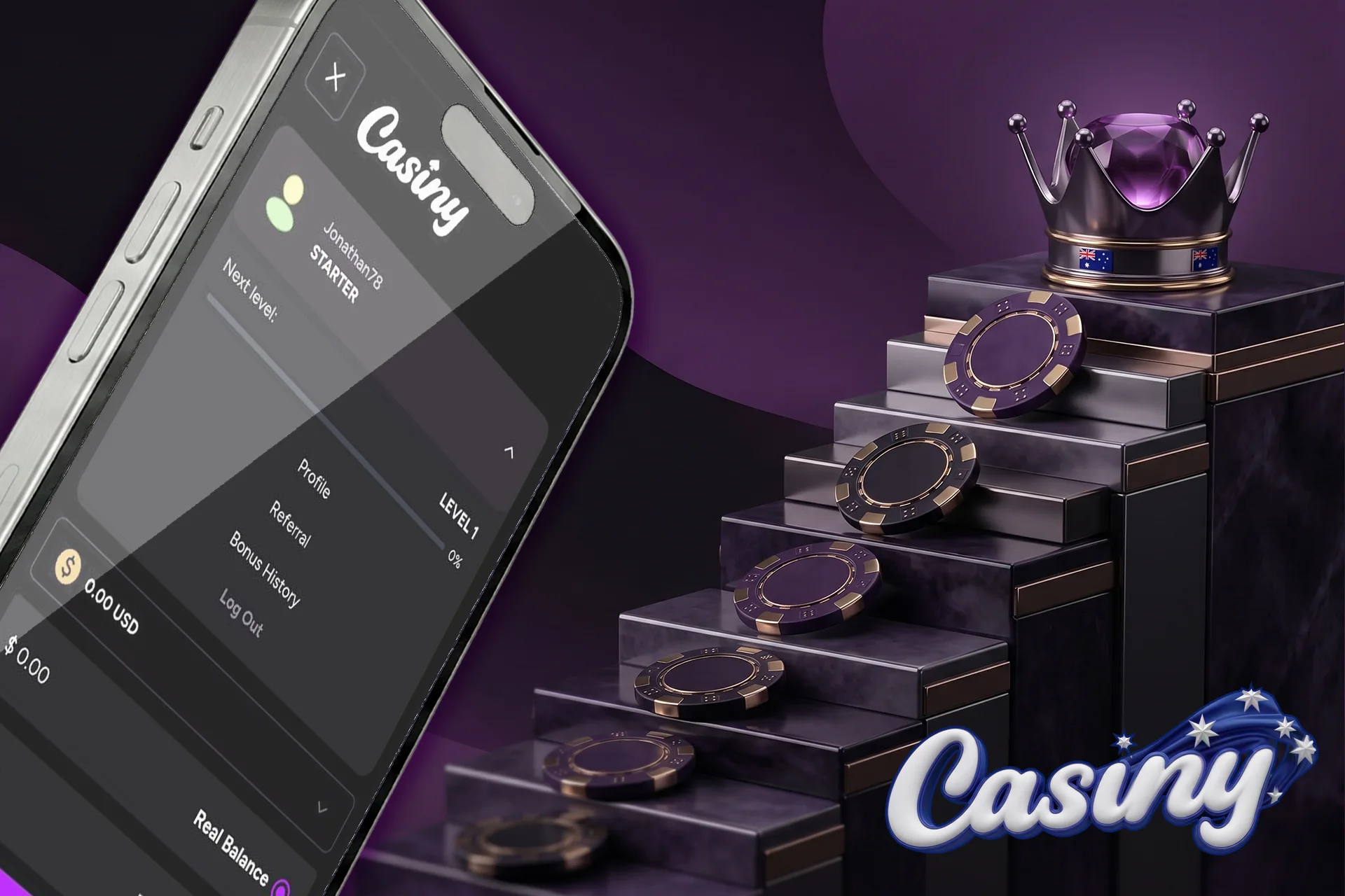 VIP loyalty program and leveling system at Casiny, represented by a marble staircase with chips leading up to a royal crown